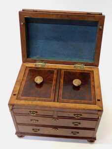 A 19thC walnut tea caddy modelled as a bureau, the hinged lid opening to reveal lidded twin... - 3