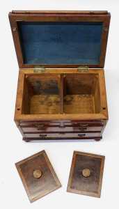A 19thC walnut tea caddy modelled as a bureau, the hinged lid opening to reveal lidded twin... - 4