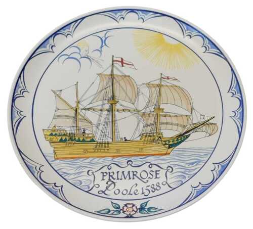 A Poole pottery Primrose Poole 1588 charger, painted by Karen Hickisson, from a ship drawn by...