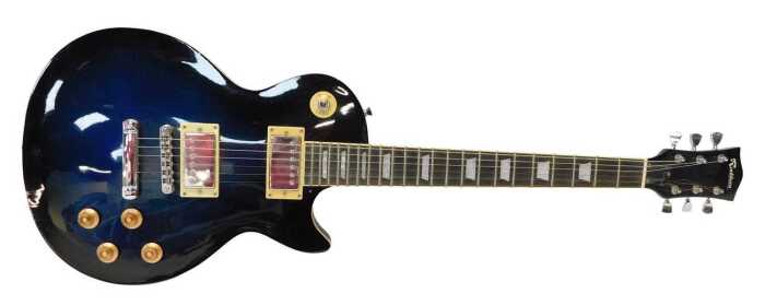 A Rockburn electric guitar, in black, with a mother of pearl inlaid finger board, 103cm high.