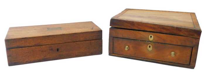 A 19thC oak workbox, the hinged lid with brass plaque initialled CMC, 35cm wide, and a 19thC...