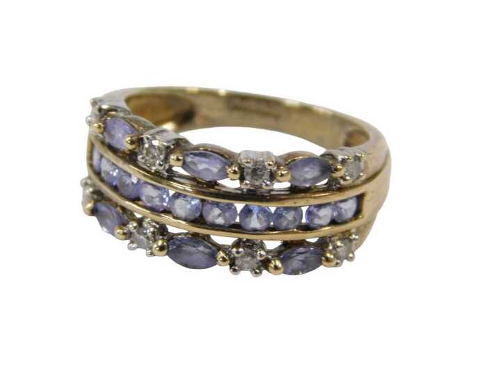 Qvc Gold Statement Rings A QVC 9ct gold tanzanite and diamond dress ring, of three row design ...