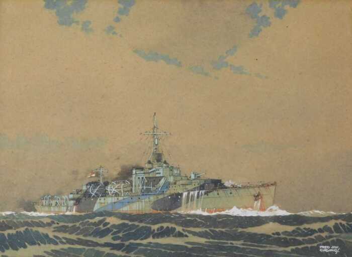 Ed Jay Girling (c1900). HMS Cuckmere on calm waters, watercolour, signed, titled to the mount,...