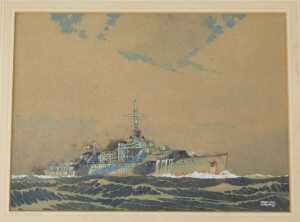 Ed Jay Girling (c1900). HMS Cuckmere on calm waters, watercolour, signed, titled to the mount,... - 3