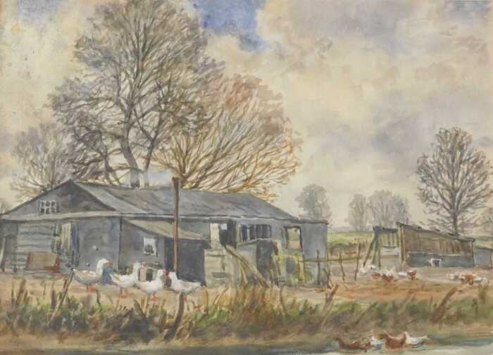 HW Bates (20thC). Fowl Shed near Blaby Leicester, watercolour, unsigned, attributed verso, 24cm...
