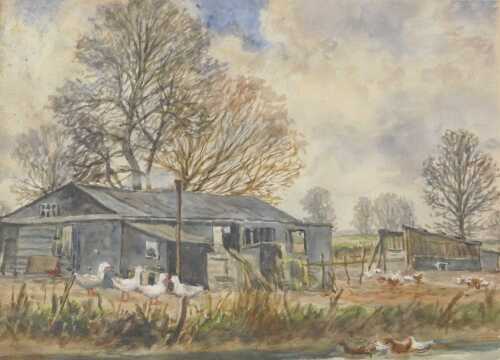 HW Bates (20thC). Fowl Shed near Blaby Leicester, watercolour, unsigned, attributed verso, 24cm...