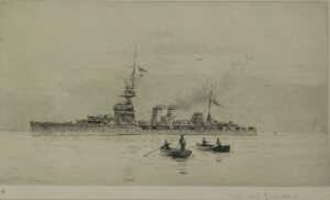 Rowland Langmaid (1897-1956). Seascape, figures in rowing boats, heading towards cruiser on calm...