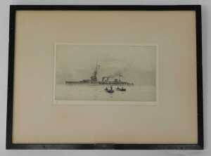 Rowland Langmaid (1897-1956). Seascape, figures in rowing boats, heading towards cruiser on calm... - 2