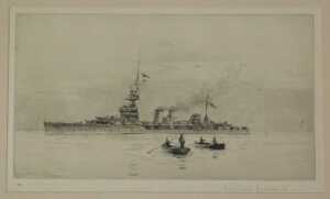 Rowland Langmaid (1897-1956). Seascape, figures in rowing boats, heading towards cruiser on calm... - 5