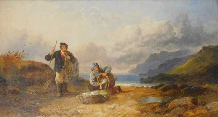 19thC School (possibly Joseph Horlor). Fisherman on a shore, oil on canvas, indistinctly signed,...