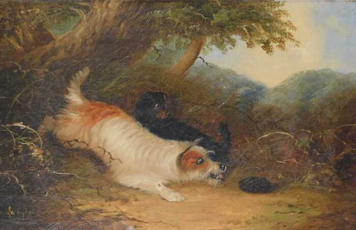La Ranglois. Hunting terriers, Morland style, indistinctly signed, oil on canvas, 26cm x 34cm.