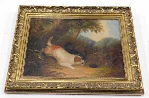 La Ranglois. Hunting terriers, Morland style, indistinctly signed, oil on canvas, 26cm x 34cm. - 2