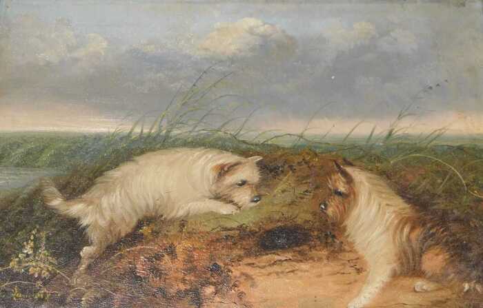 La Ranglois. Hunting terriers, Morland style, indistinctly signed, oil on canvas, 26cm x 34cm.