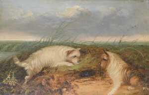 La Ranglois. Hunting terriers, Morland style, indistinctly signed, oil on canvas, 26cm x 34cm.