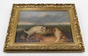 La Ranglois. Hunting terriers, Morland style, indistinctly signed, oil on canvas, 26cm x 34cm. - 2