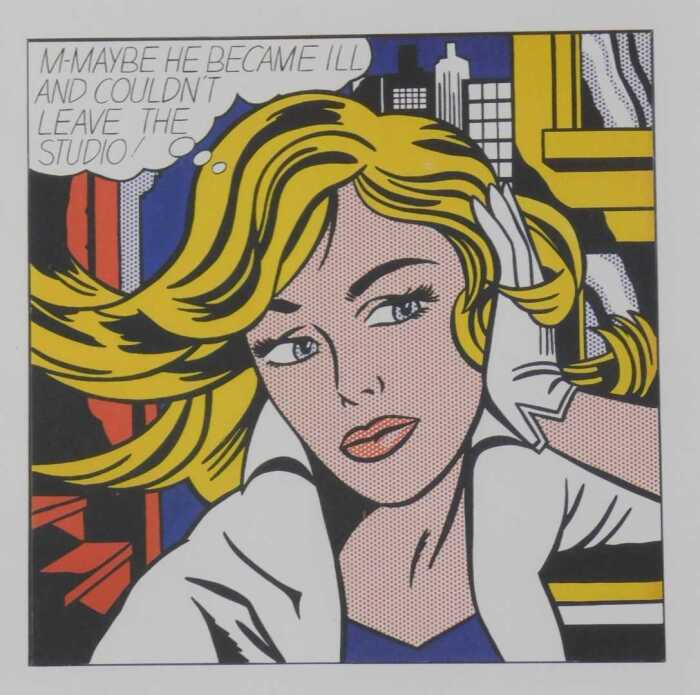 After Lichtenstein. M-Maybe (A Girl's Picture) Dutch print 1990s, attributed verso, 26cm x 23cm.