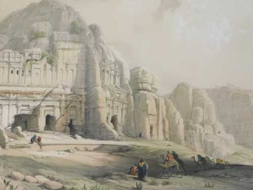 After David Roberts (1796-1864). Petra showing the upper end of the valley, bookplate engraving,...