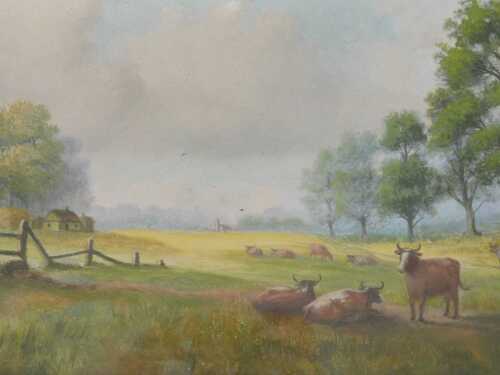 William Richard Bunting (1866-1951). Cattle in a paddock before trees and cottage on a summer's...