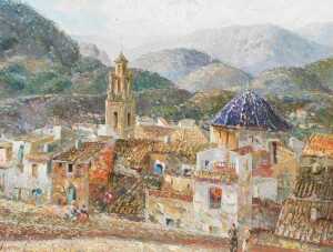 Evaisto Alguacil Lopez (20thC). Finestrai, Mediterranean townscape, oil on board, signed, titled...