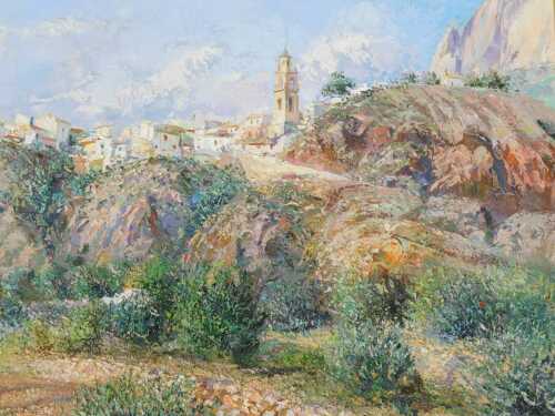 Evaisto Alguacil Lopez (20thC). Pueblo De Finestrat 1995, Mediterranean landscape with town in...