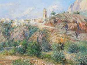 Evaisto Alguacil Lopez (20thC). Pueblo De Finestrat 1995, Mediterranean landscape with town in...
