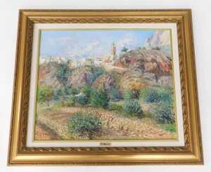 Evaisto Alguacil Lopez (20thC). Pueblo De Finestrat 1995, Mediterranean landscape with town in... - 2