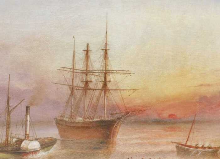 John Taylor Allerston (1828-1914). Baroque Lord Byron Ship on calm waters, oil on canvas, signed...
