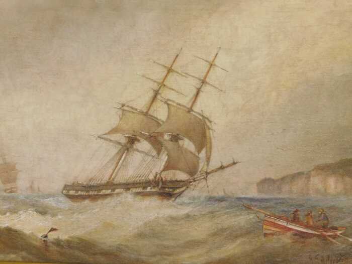 John Taylor Allerston (1828-1914). Ships on stormy seas, with cliff and lighthouse in the...