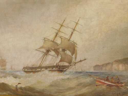 John Taylor Allerston (1828-1914). Ships on stormy seas, with cliff and lighthouse in the...