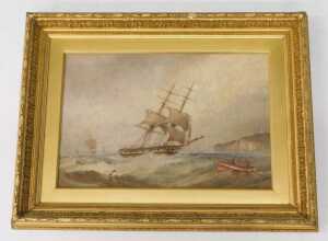 John Taylor Allerston (1828-1914). Ships on stormy seas, with cliff and lighthouse in the... - 2