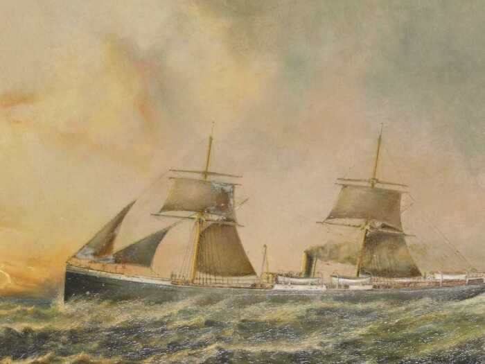 John Taylor Allerston (1828-1914). Steam ship on rough seas at sunrise, oil on canvas, signed...