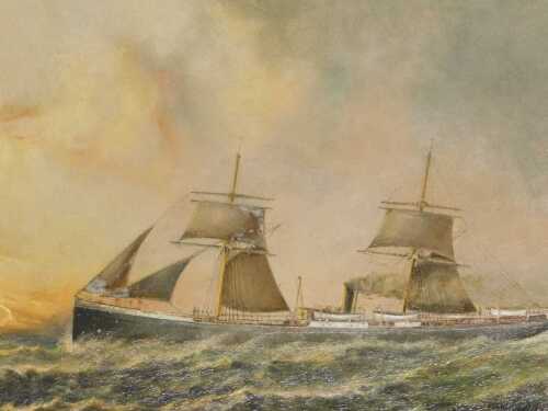 John Taylor Allerston (1828-1914). Steam ship on rough seas at sunrise, oil on canvas, signed...