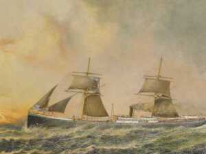 John Taylor Allerston (1828-1914). Steam ship on rough seas at sunrise, oil on canvas, signed...