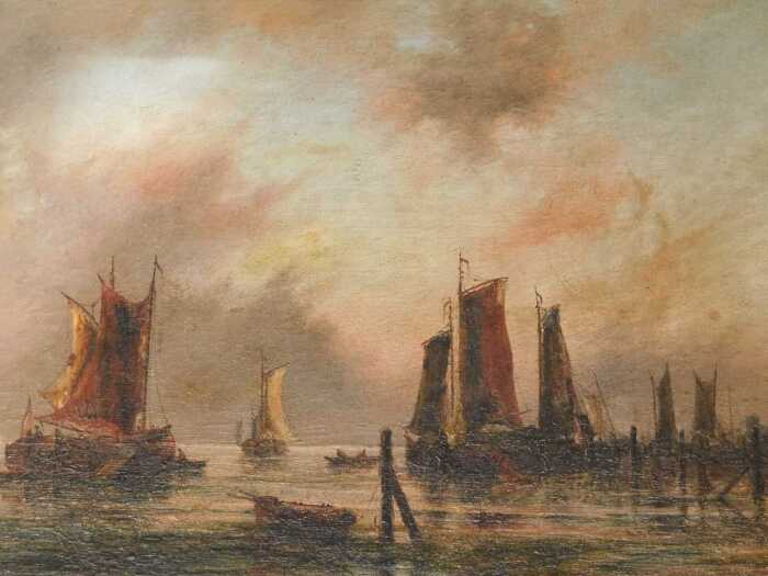 R Hains (19thC). Ships drying sails, oil on canvas, indistinctly signed, 33cm x 49cm. (AF)