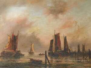 R Hains (19thC). Ships drying sails, oil on canvas, indistinctly signed, 33cm x 49cm. (AF)