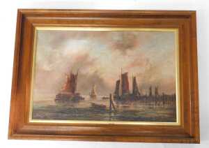 R Hains (19thC). Ships drying sails, oil on canvas, indistinctly signed, 33cm x 49cm. (AF) - 2