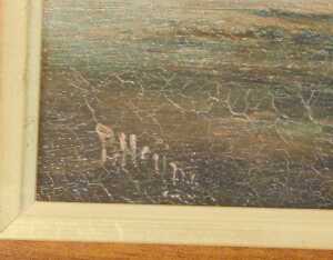 R Hains (19thC). Ships drying sails, oil on canvas, indistinctly signed, 33cm x 49cm. (AF) - 3