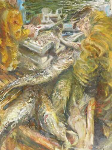 Mike Helmy (20thC). Gathering fish on a trawler, oil on board, signed and dated (19)95, 96cm x...