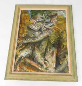 Mike Helmy (20thC). Gathering fish on a trawler, oil on board, signed and dated (19)95, 96cm x... - 2
