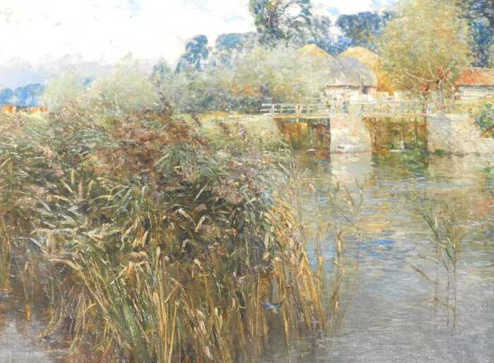 John Whitehead (20thC School). River millpool, with kingfisher in the foreground, oil on canvas,...