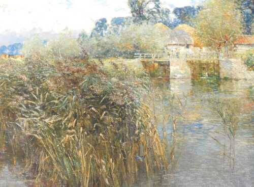 John Whitehead (20thC School). River millpool, with kingfisher in the foreground, oil on canvas,...