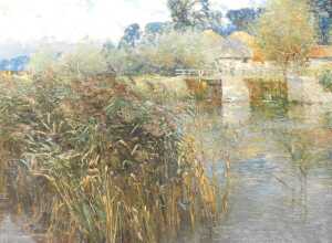 John Whitehead (20thC School). River millpool, with kingfisher in the foreground, oil on canvas,...