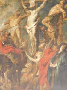 After Peter Paul Rubens. Christ on the cross between two thieves, oil on canvas, 54.5cm x 44.5cm.