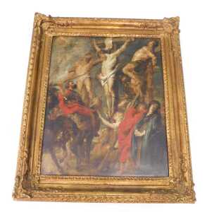 After Peter Paul Rubens. Christ on the cross between two thieves, oil on canvas, 54.5cm x 44.5cm. - 2