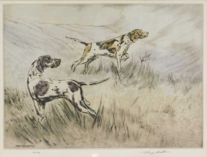 Henry Wilkinson (1921-2011). Pointers in a landscape, artist signed limited edition etching,...