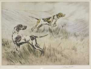 Henry Wilkinson (1921-2011). Pointers in a landscape, artist signed limited edition etching,...