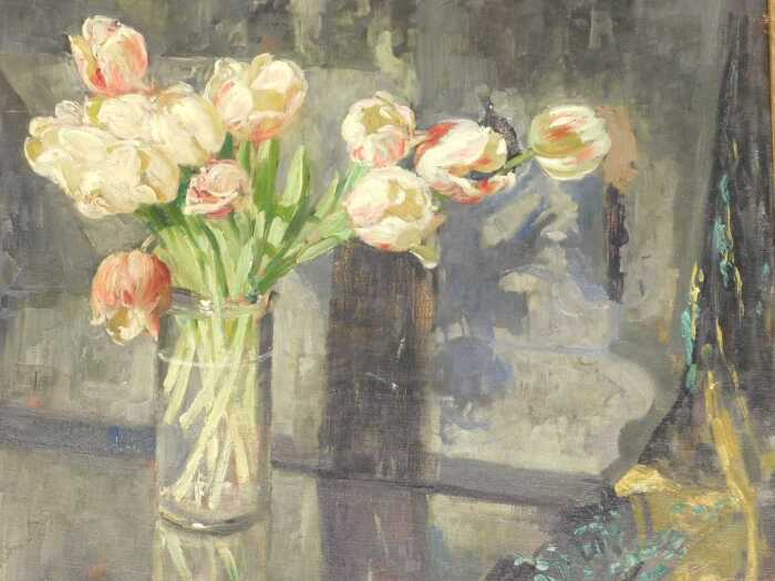 Henry John Lintott (1877-1965). Still life, vase of summer flowers on a table, oil on canvas,...
