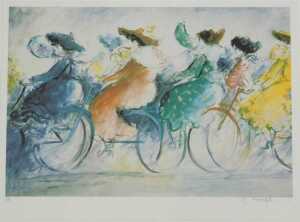 Michel Boulet (1938). Ladies on bicycles, EA print, signed, 22cm x 32cm. - 3