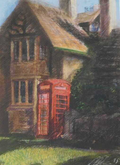 Mike Helmy (20thC). Telephone box in front of house, pastel, signed and dated 19(95), 56cm x 40cm.