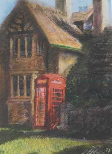 Mike Helmy (20thC). Telephone box in front of house, pastel, signed and dated 19(95), 56cm x 40cm.